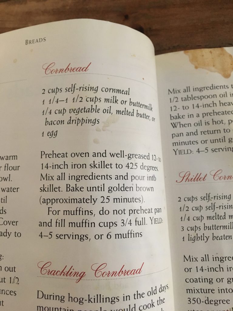 a cookbook with a cornbread recipe