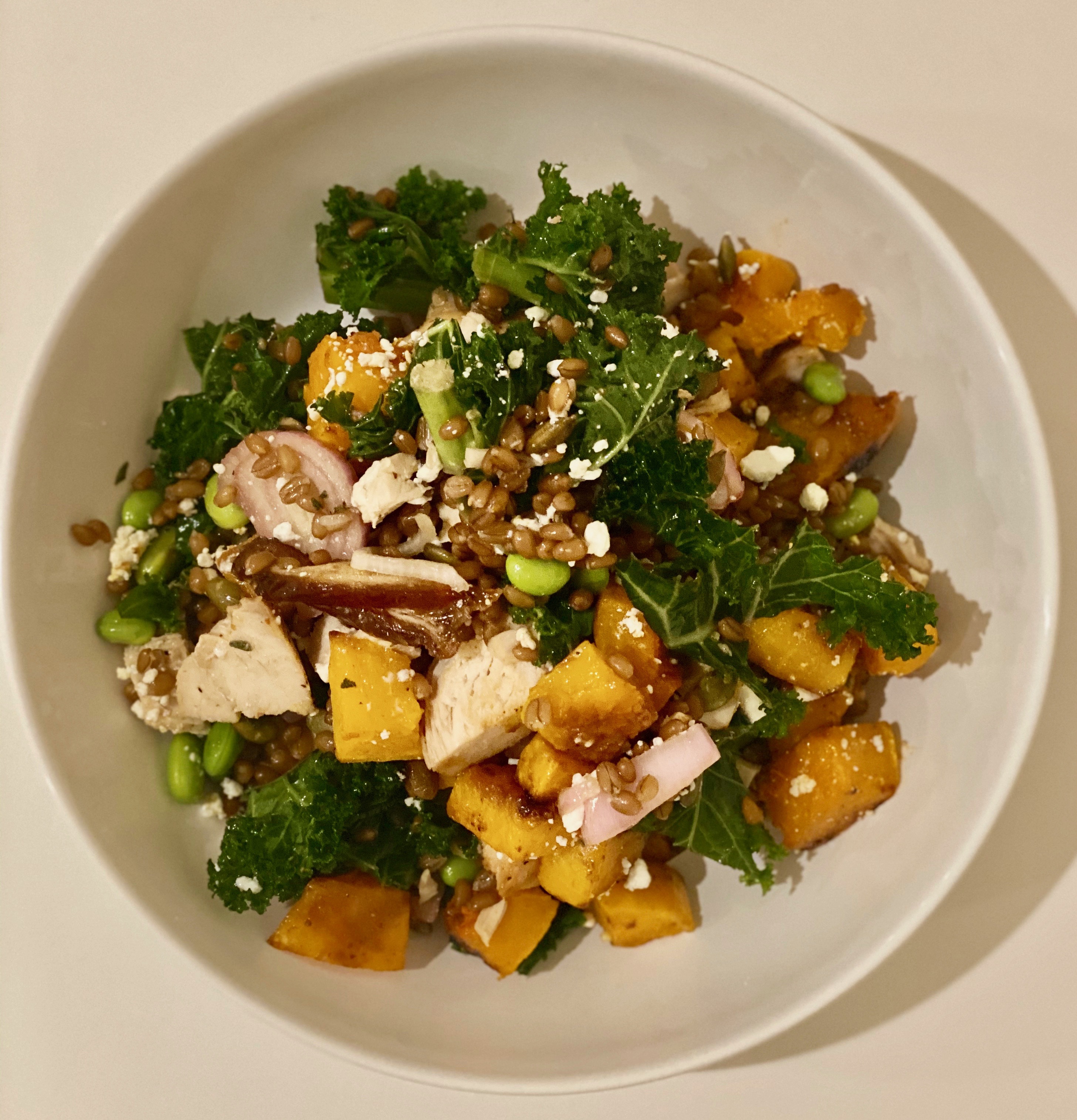 a shallow white bowl filled with shredded green kale, slivered dates, goat cheese and cubed squash