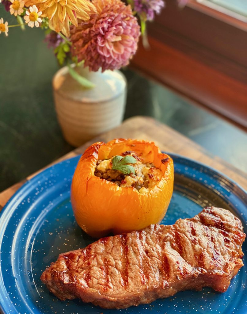 Feta and Lentil stuffed peppers... with a New York Strip. 