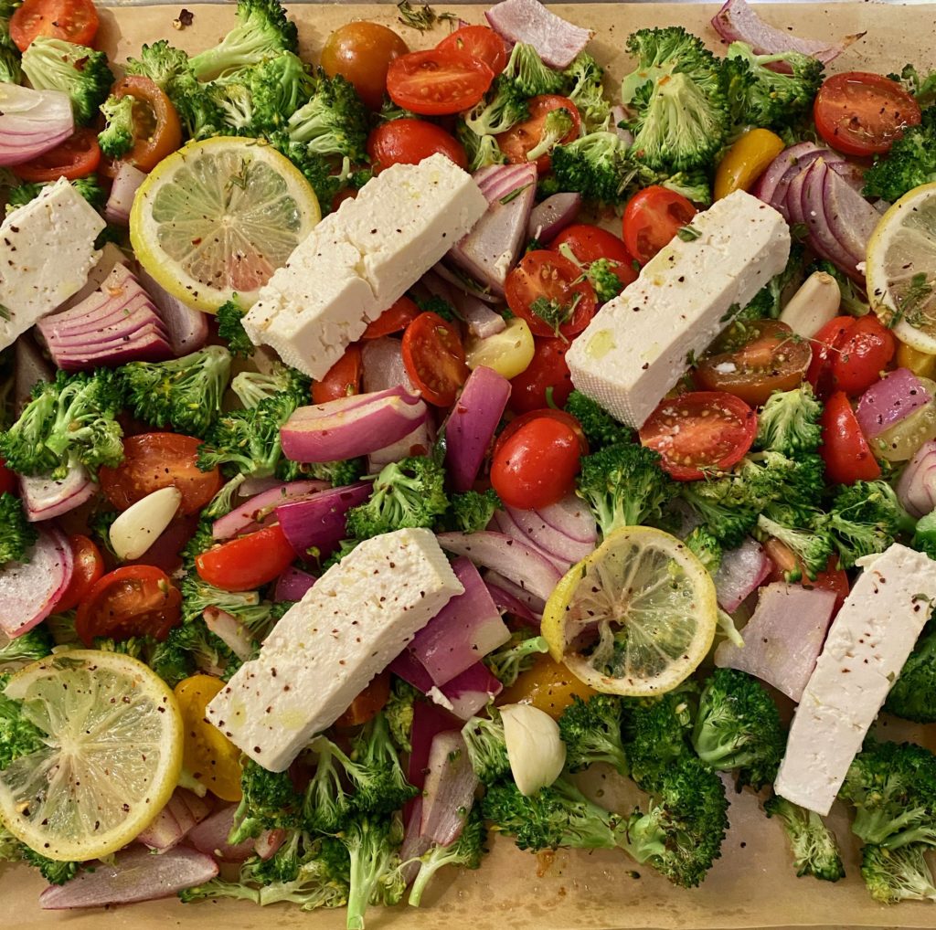 A healthy pan of roasted vegetables and feta 
