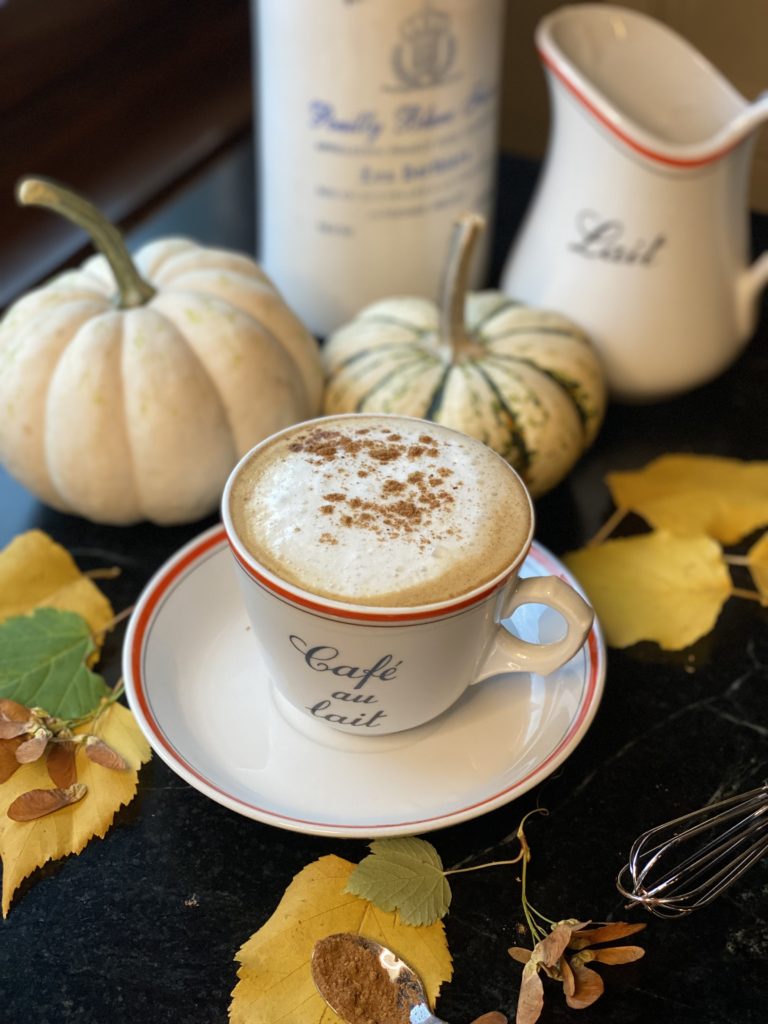 a red and white bistro style coffee cup and saucer filled with foam and sprinkled with spice next to two white small pumpkins and fall leaves 