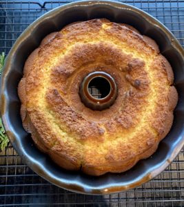 a baked cake in a bundt pan