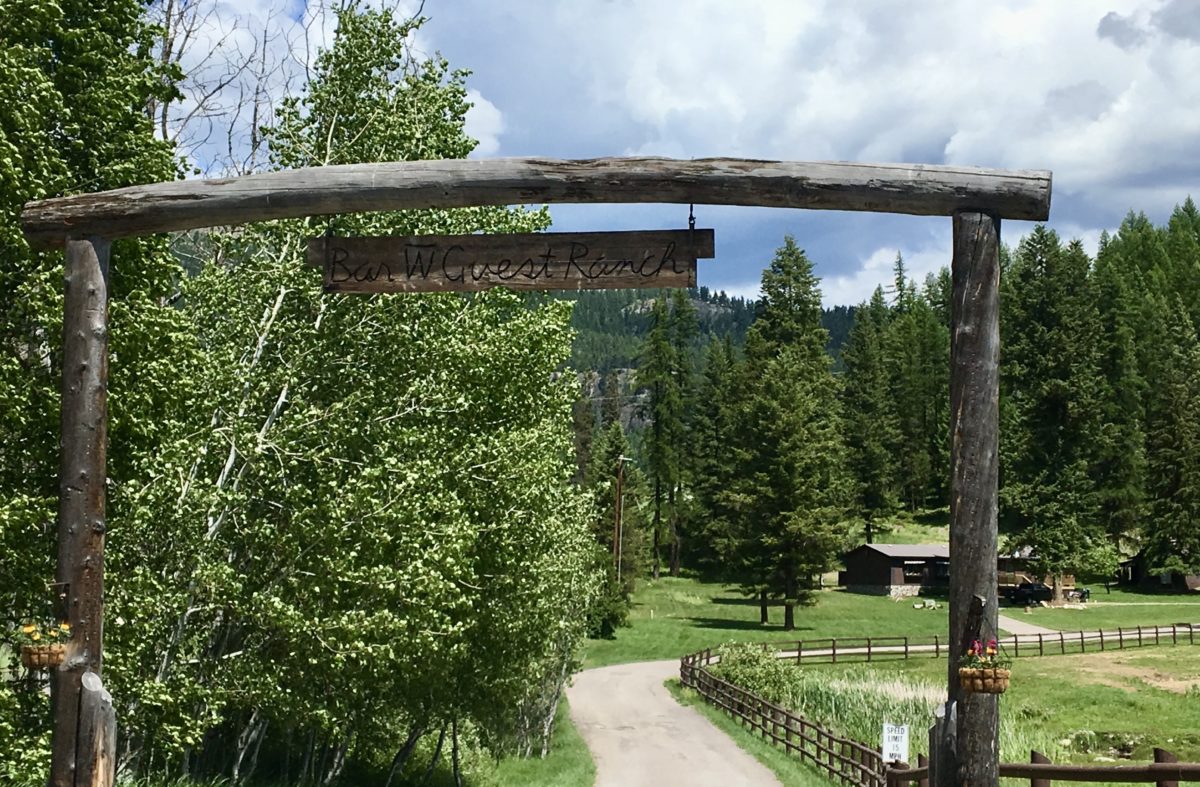 a log gate leading down a driveway to a ranch 
