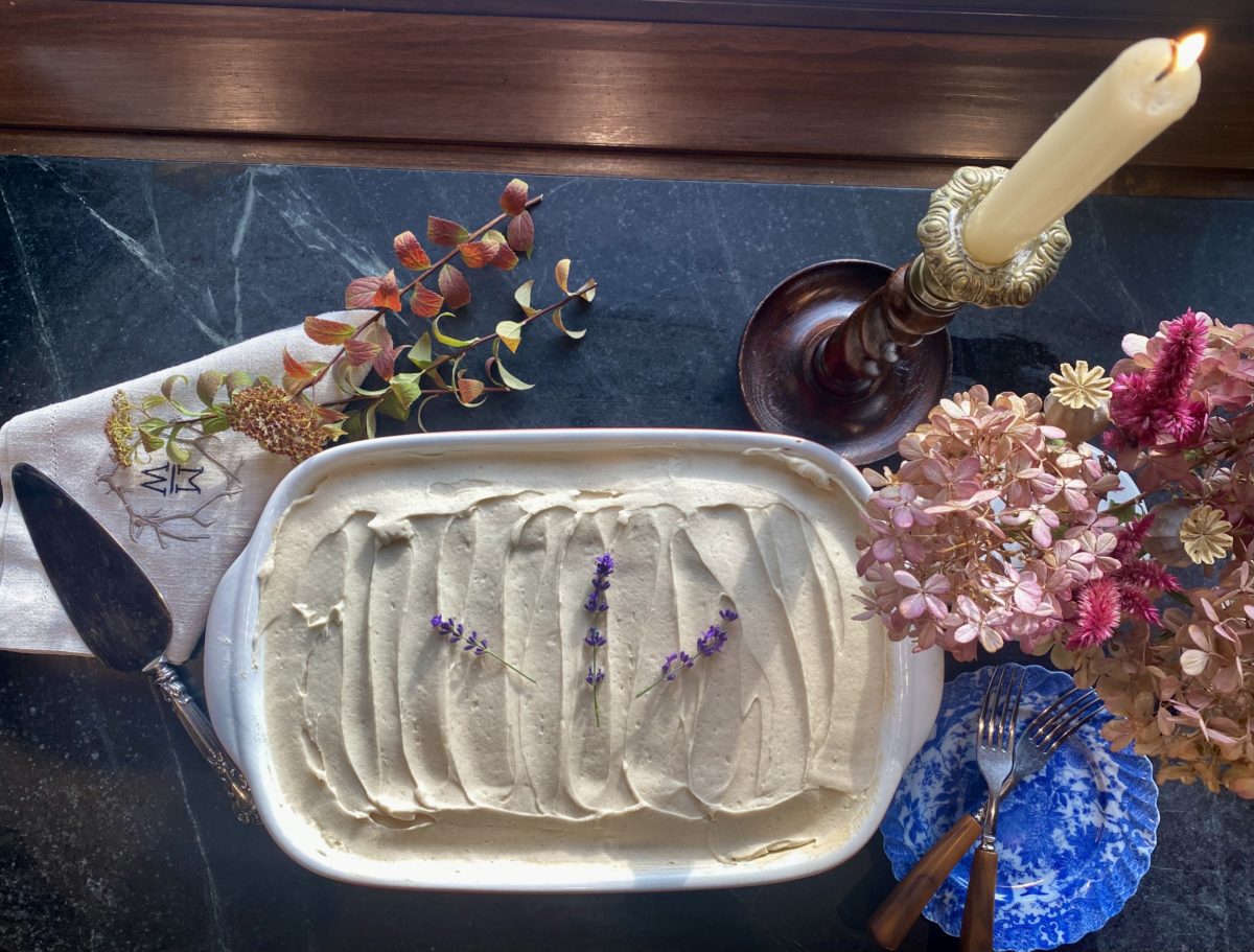 a pan filled with cake with icing 