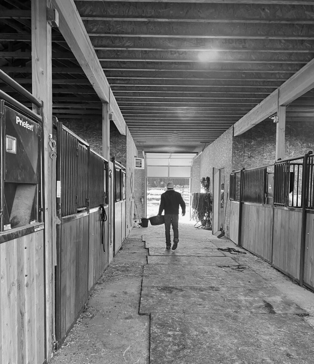 a lone cowboy or wrangler walking in a sunlit barn with a rubber feeding bucket