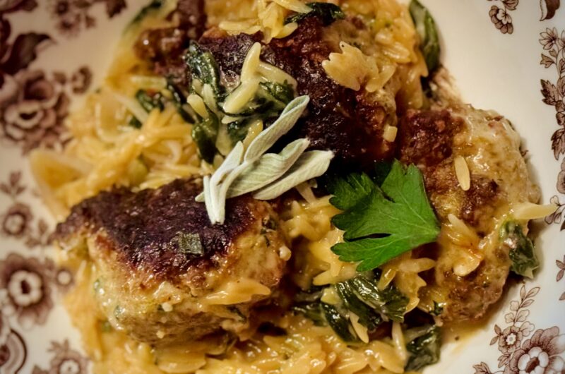 Roasted Turkey Meatballs in Creamy Orzo and Spinach