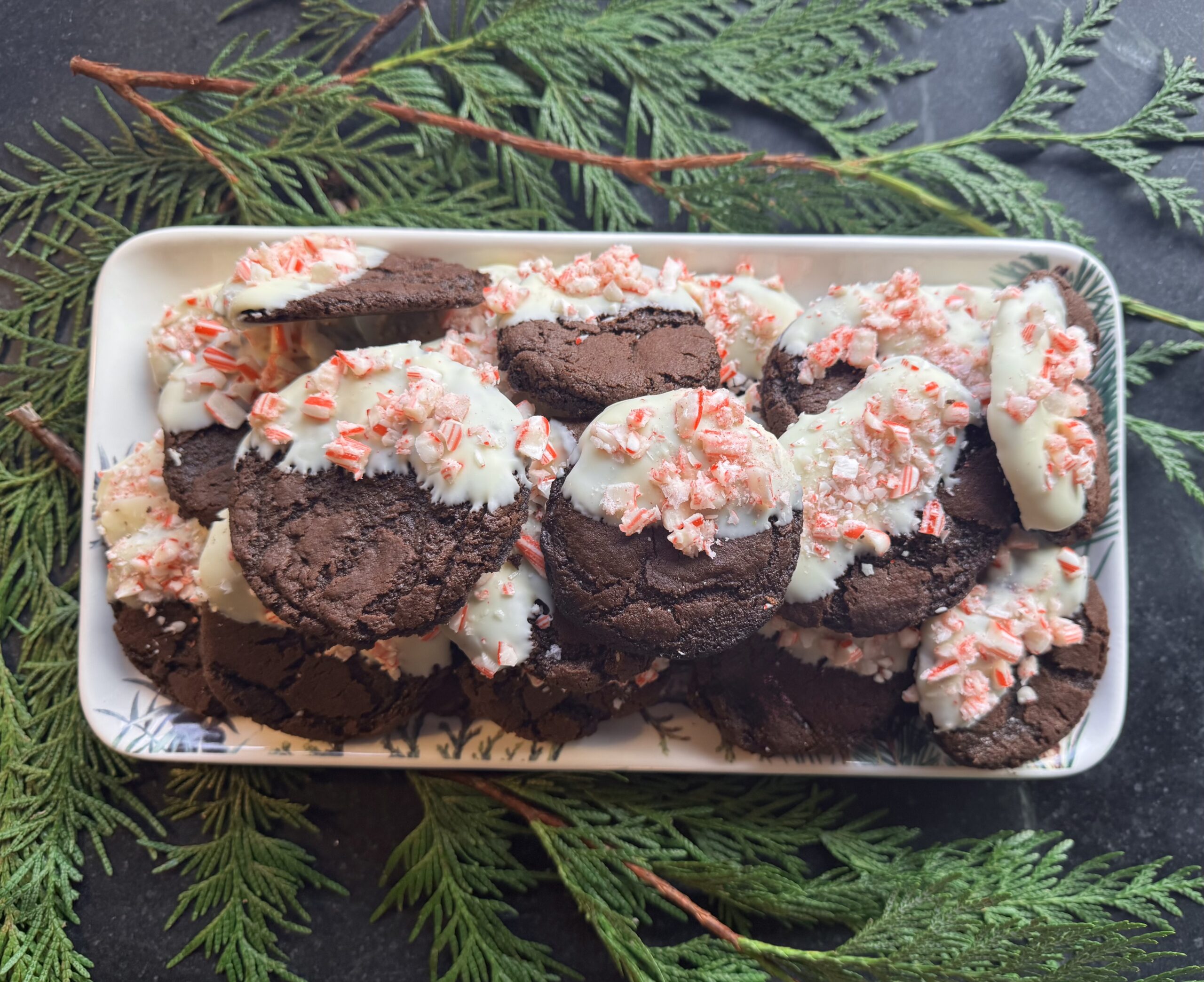 White chocolate dipped chocolate cookies sprinkled with crushed peppermint on a white ceramic tray resting on cedar branches
