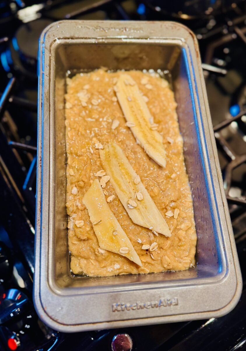 a pan of unbaked banana bread 
