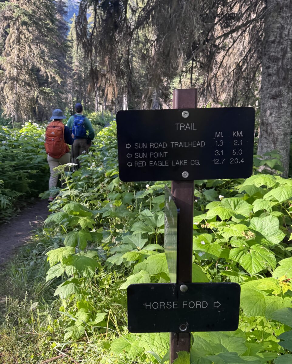 a mile marker on a hike in Glacier National Park 